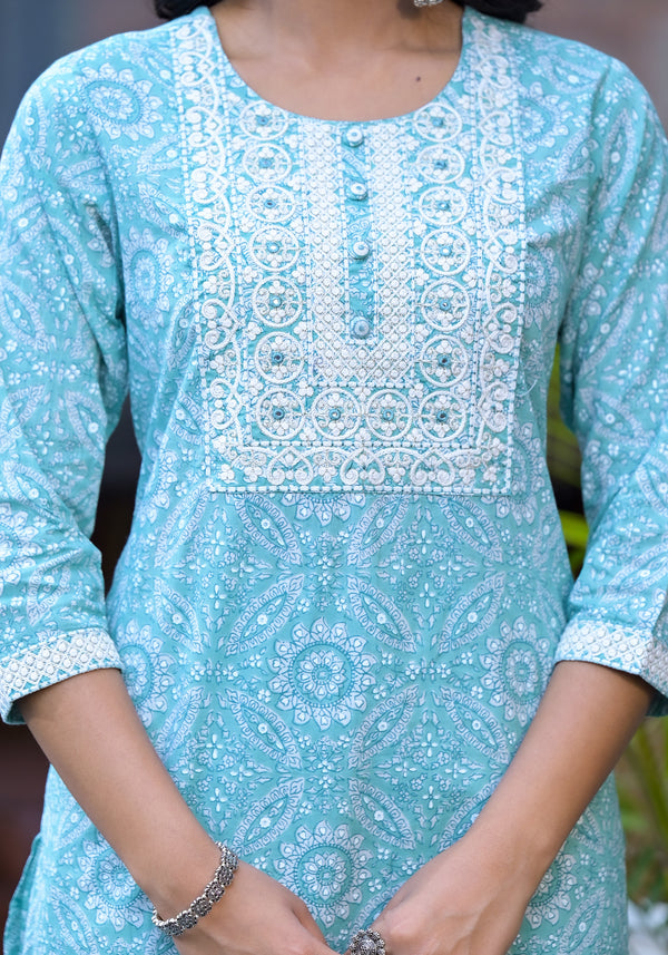 Teal Blue Floral Print Embroidered Cotton Kurta Pant