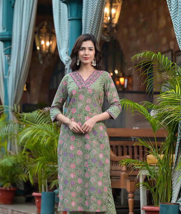 Savri Green Floral Handblock Kurta Only