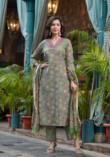 Savri Green Floral Handblock suit set