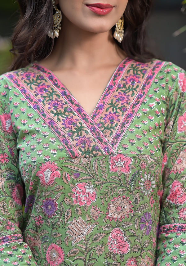 Savri Green Floral Handblock Kurta Only