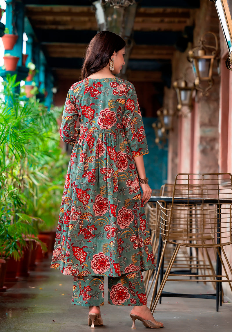 Nasreen Green Floral block print Embroidery Suit set