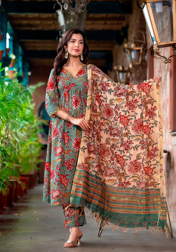 Ulfat Green Floral Handblock Unstitched Suit Set