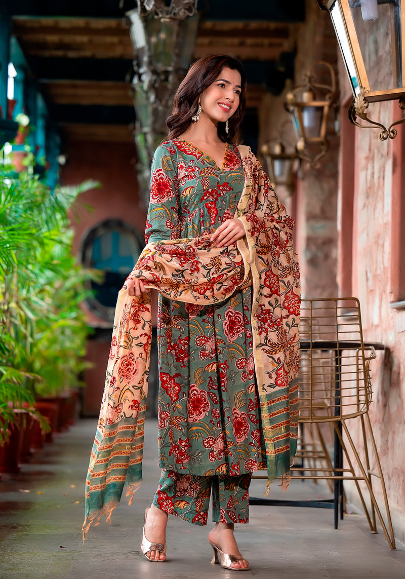 Nasreen Green Floral block print Embroidery Suit set