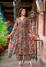 Nasreen Green Floral block print Embroidery Suit set