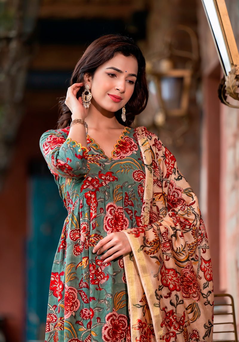 Nasreen Green Floral block print Embroidery Suit set
