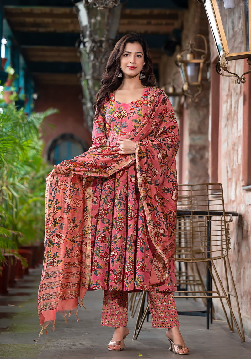 Ghoomar Floral Block print Handwork Suit Set