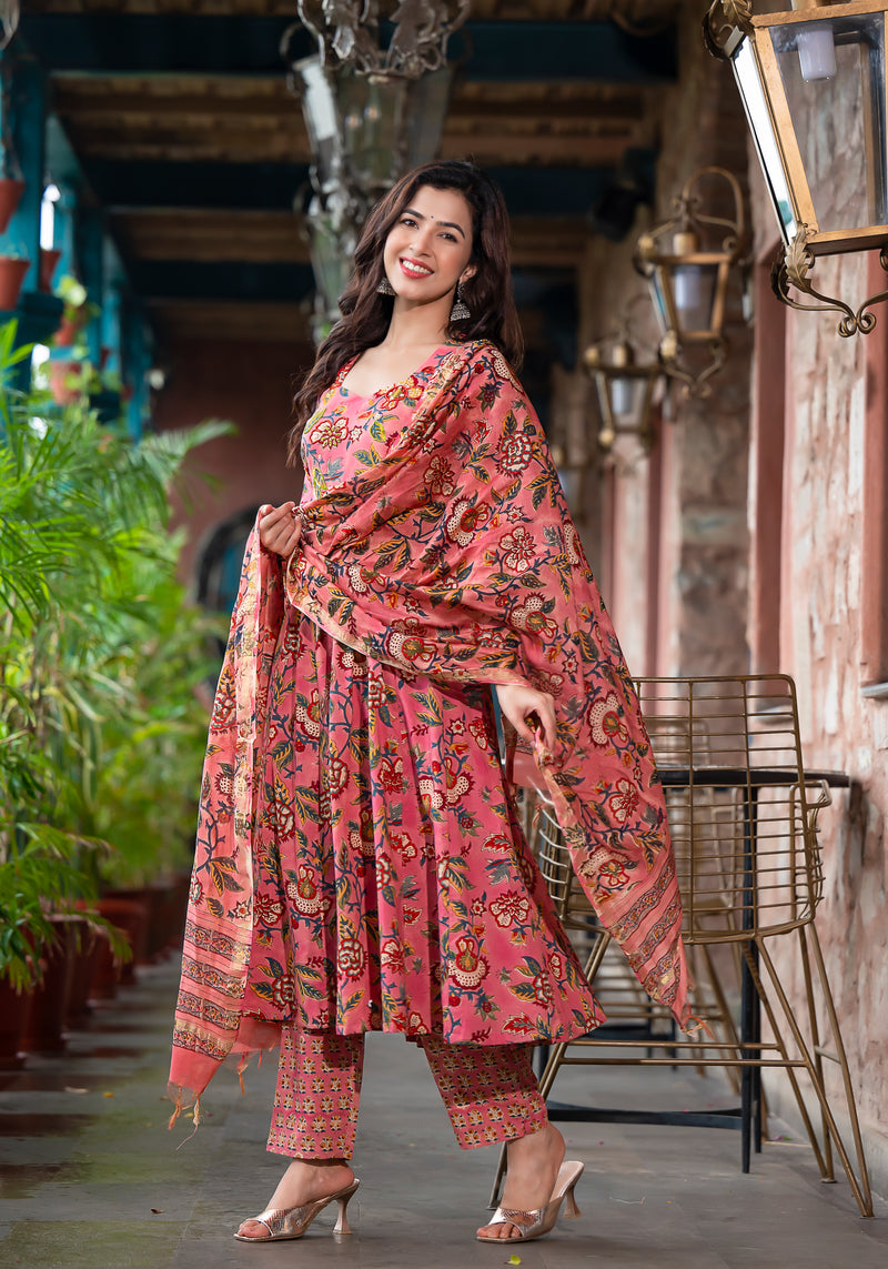 Ghoomar Floral Block print Handwork Suit Set