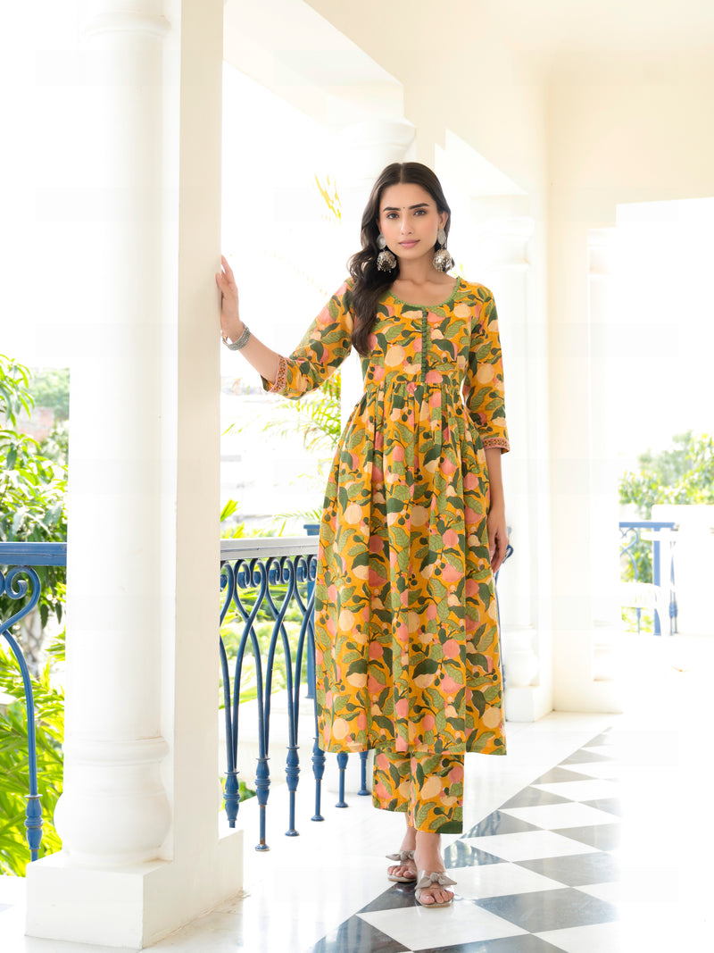 Yaani Yellow Floral Handblock Suit Set