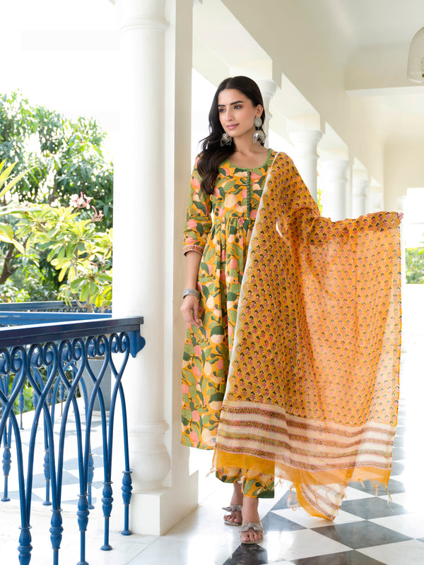 Yaani Yellow Floral Handblock Suit Set