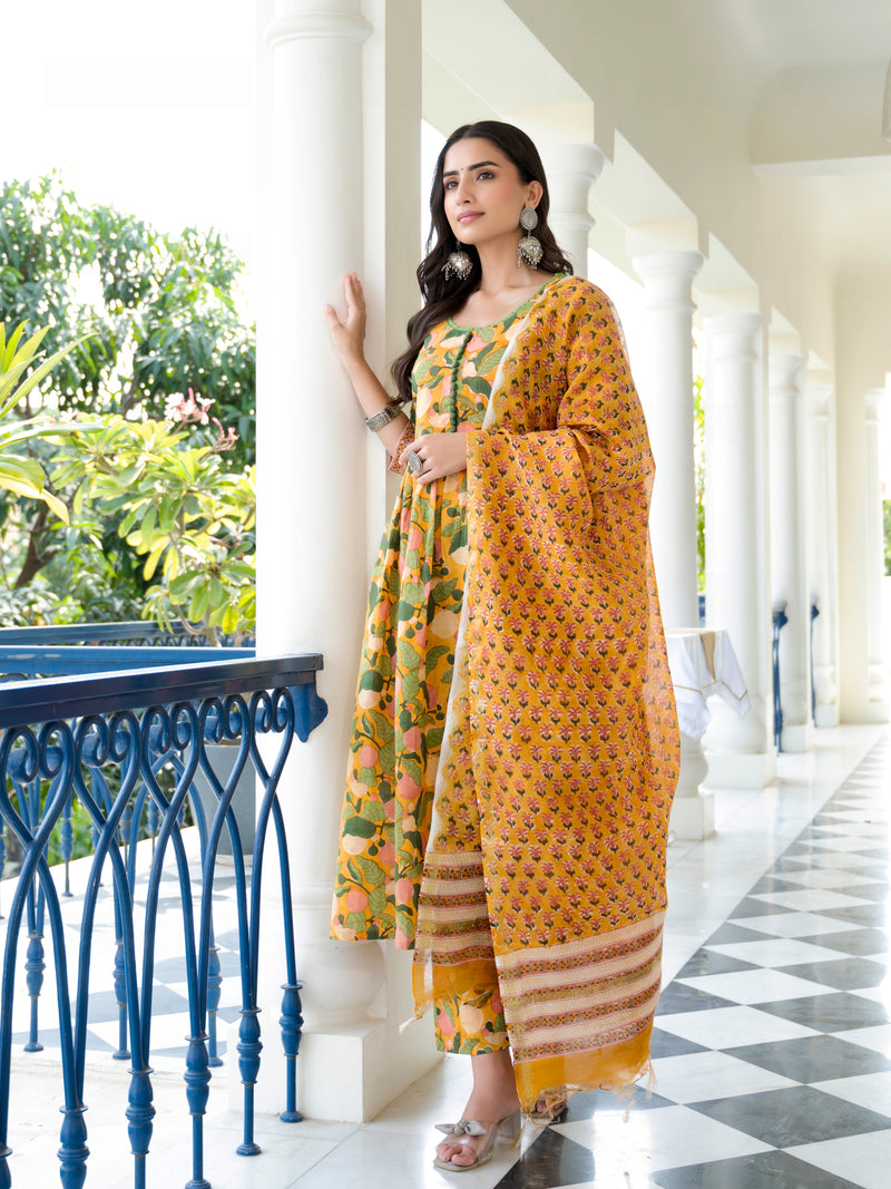 Yaani Yellow Floral Handblock Suit Set