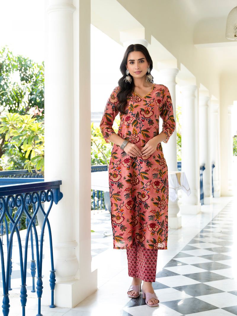 Parnia Peach Embroidery Handblock Chanderi Suit Set