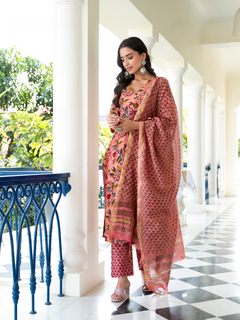 Parnia Peach Embroidery Handblock Chanderi Suit Set