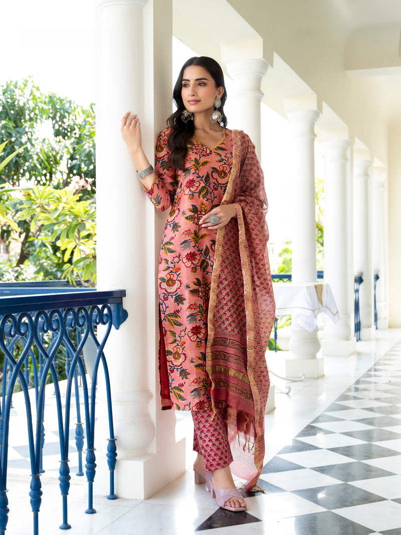 Parnia Peach Embroidery Handblock Chanderi Suit Set