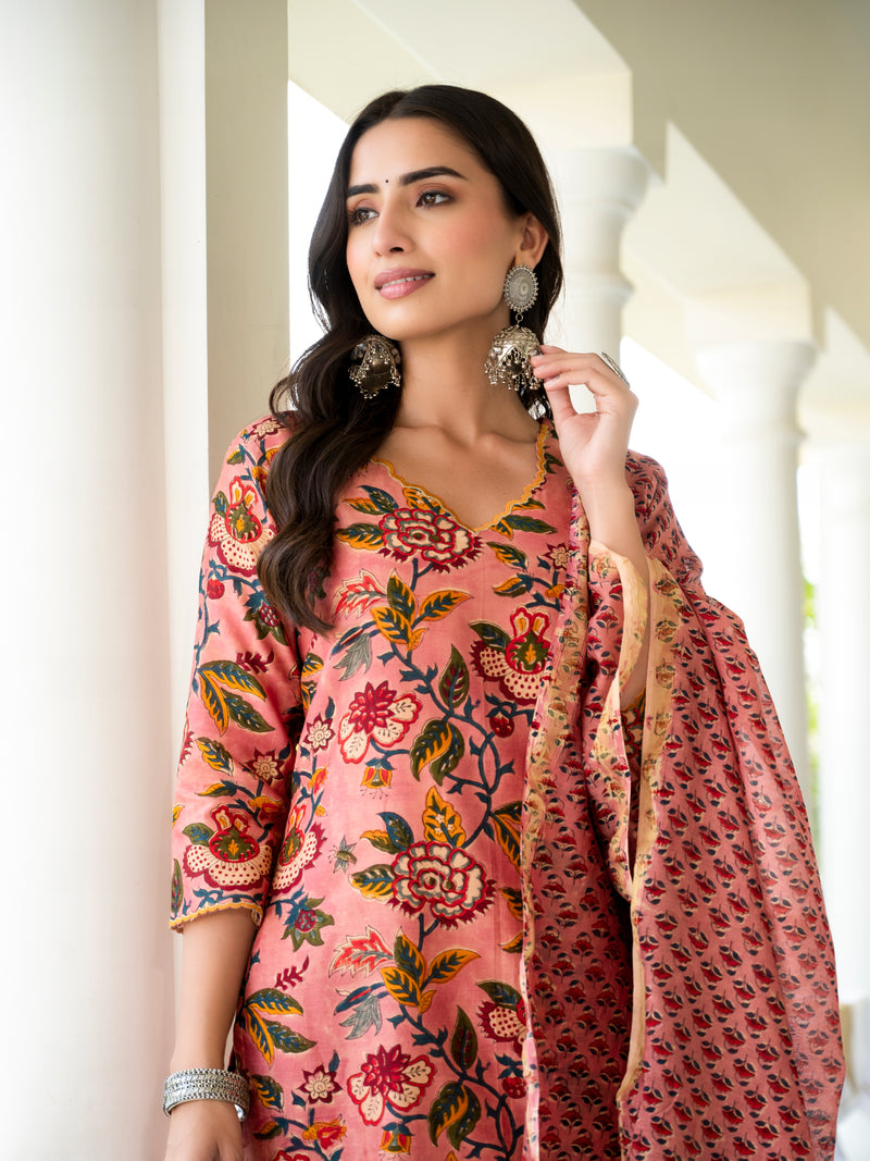 Parnia Peach Embroidery Handblock Chanderi Suit Set