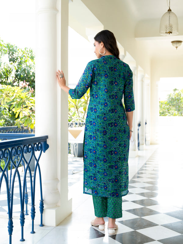 Ghazal Green Floral Handblock Chanderi Kurta Pant Set