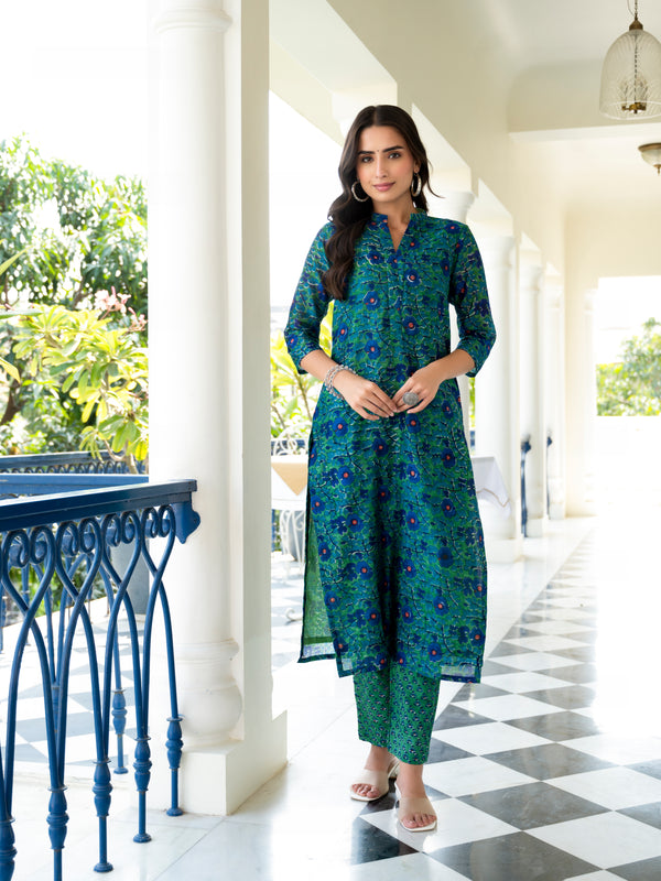 Ghazal Green Floral Handblock Chanderi Kurta Pant Set