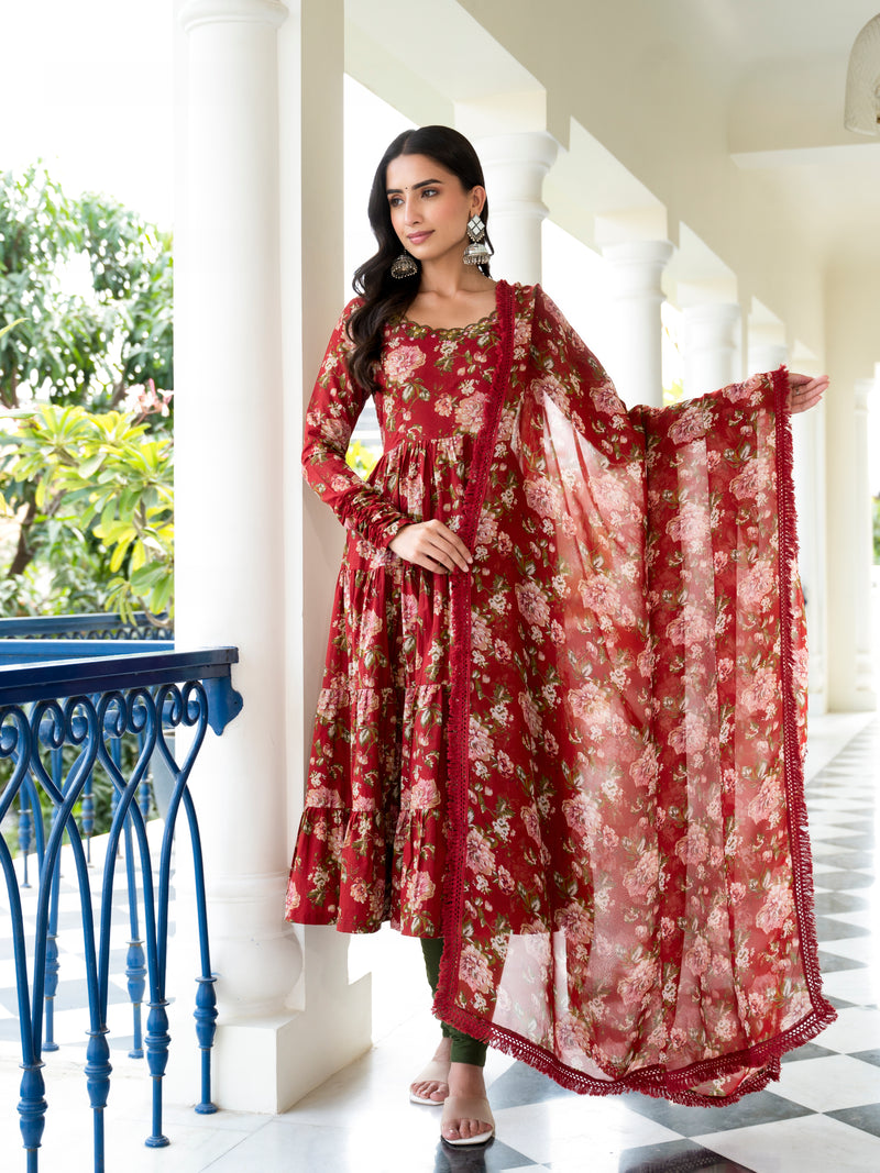 Madiha Maroon floral embroidered suit set