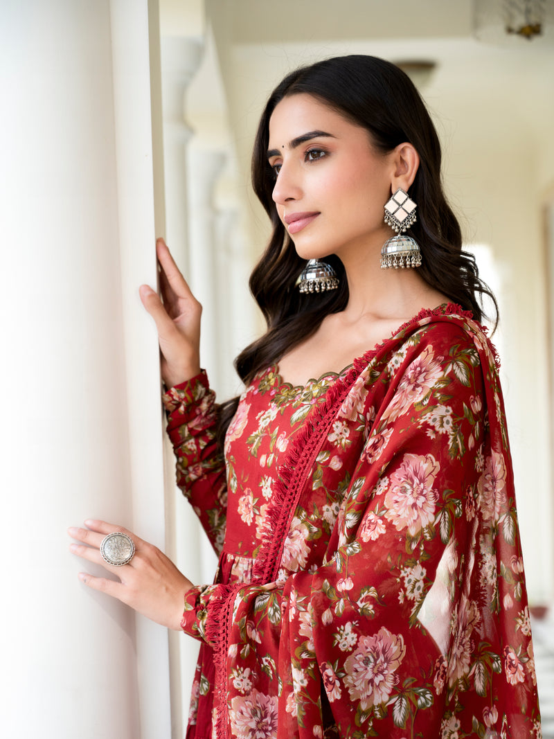 Madiha Maroon Floral Embroidered Suit Set