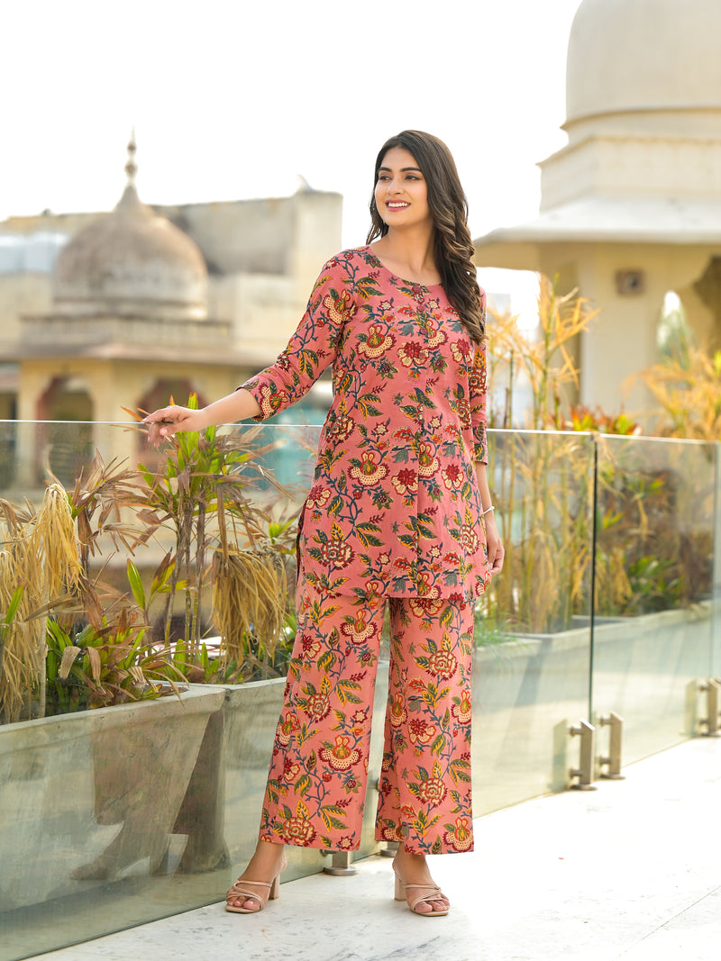 Maharani Pink Handblock Cotton Floral Coord Set