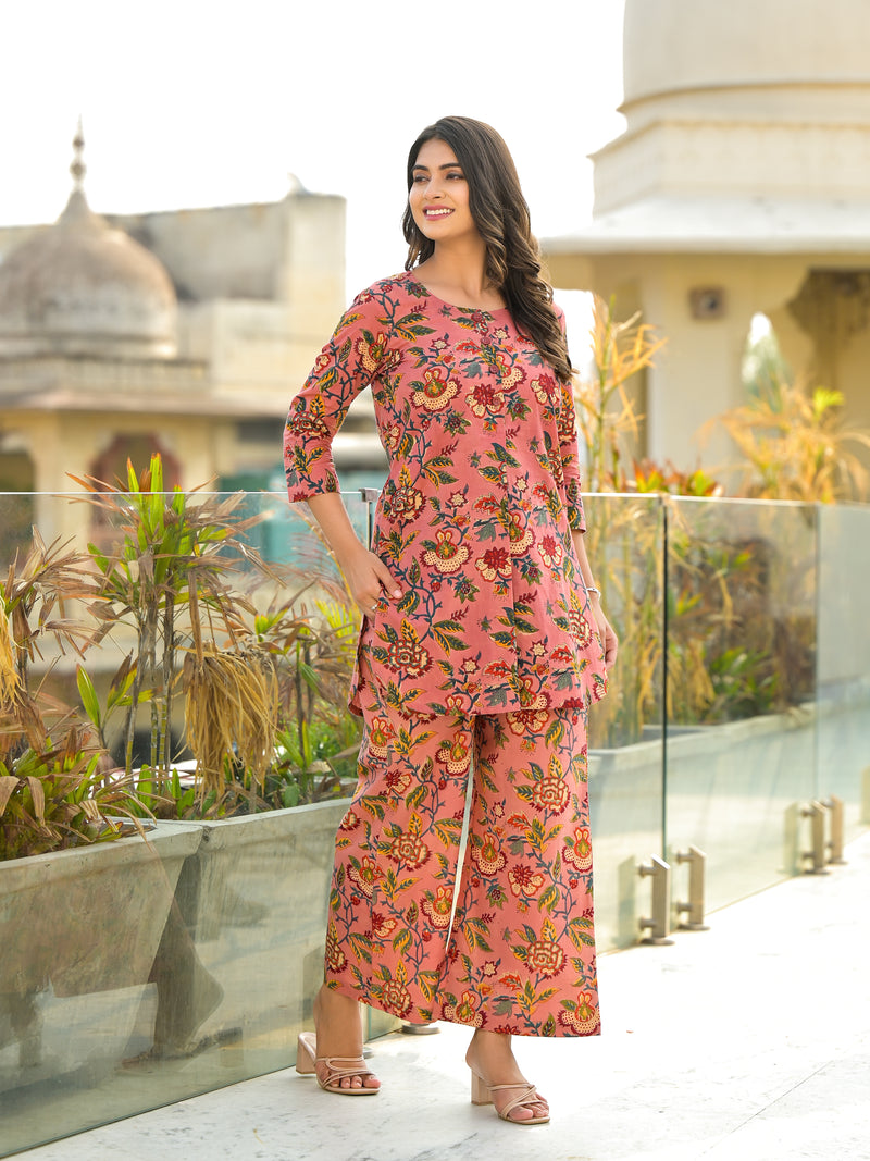 Maharani Pink Handblock Cotton Floral Coord Set