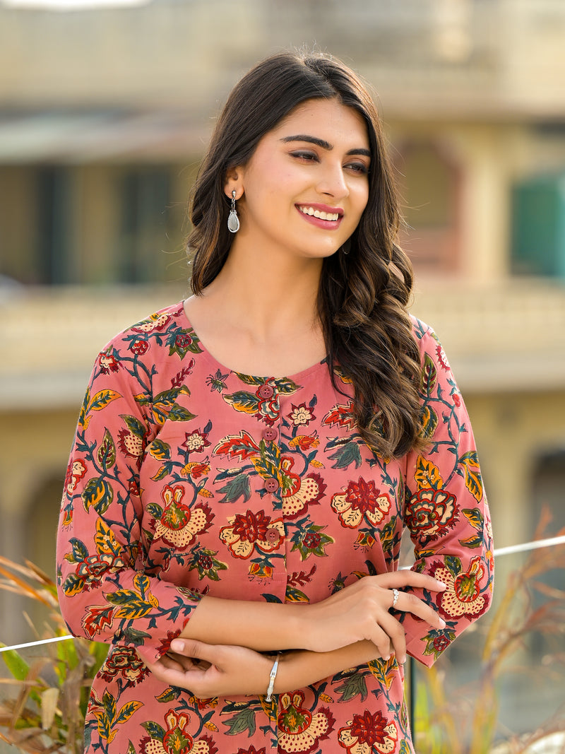 Maharani Pink Handblock Cotton Floral Coord Set