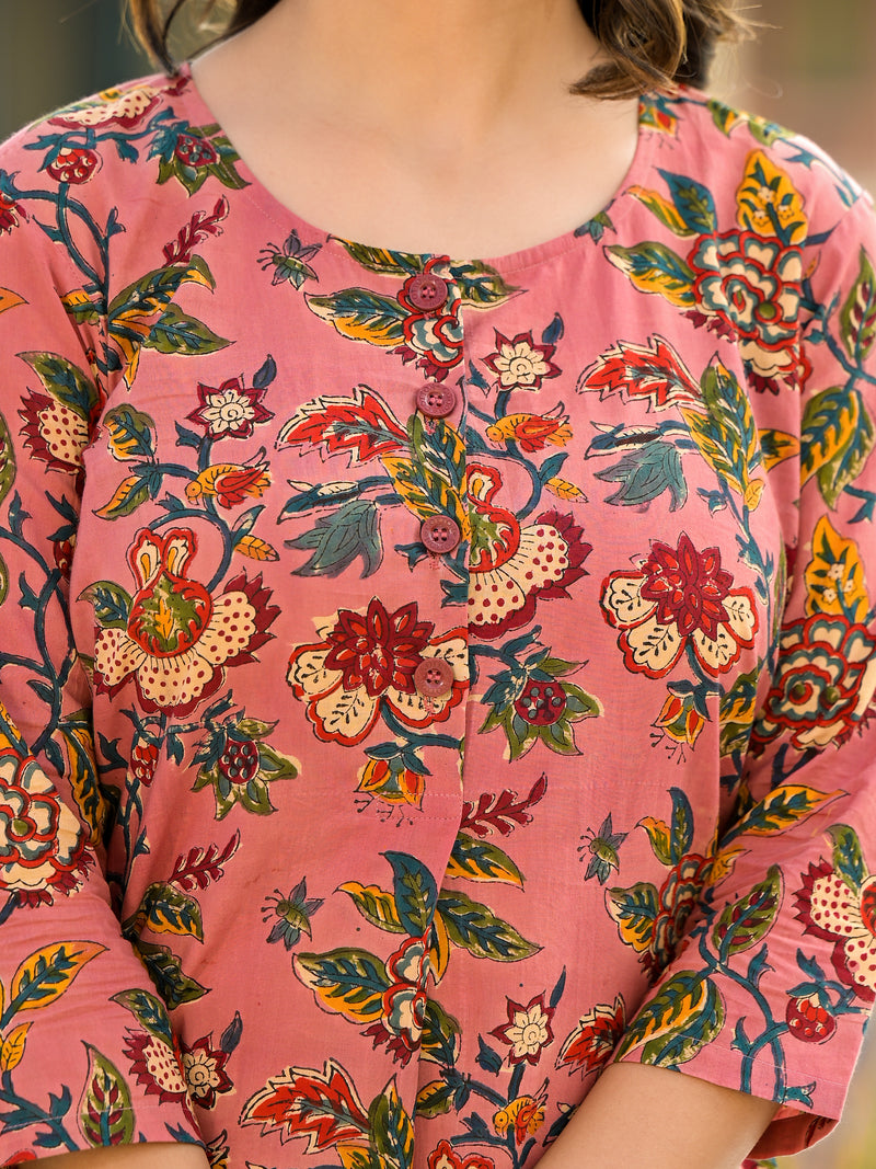 Maharani Pink Handblock Cotton Floral Coord Set