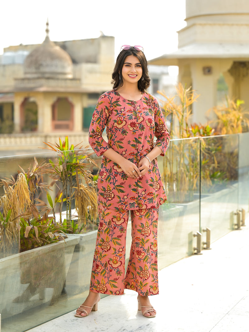 Maharani Pink Handblock Cotton Floral Coord Set