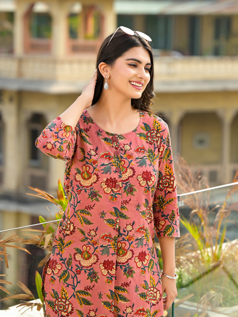Maharani Pink Handblock Cotton Floral Coord Set
