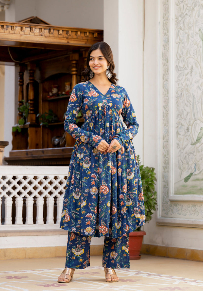 Izza Blue Floral Handblock Print Kurta Pant Set