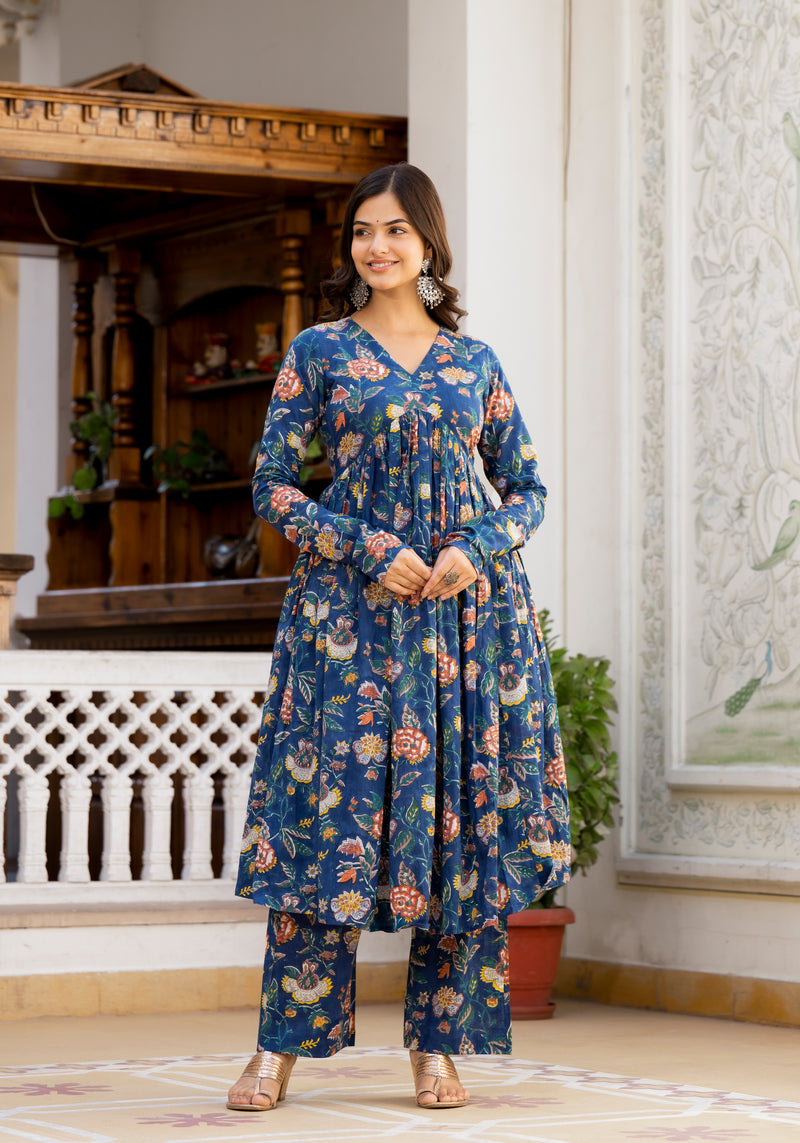 Izza Blue Floral Handblock Print Suit Set