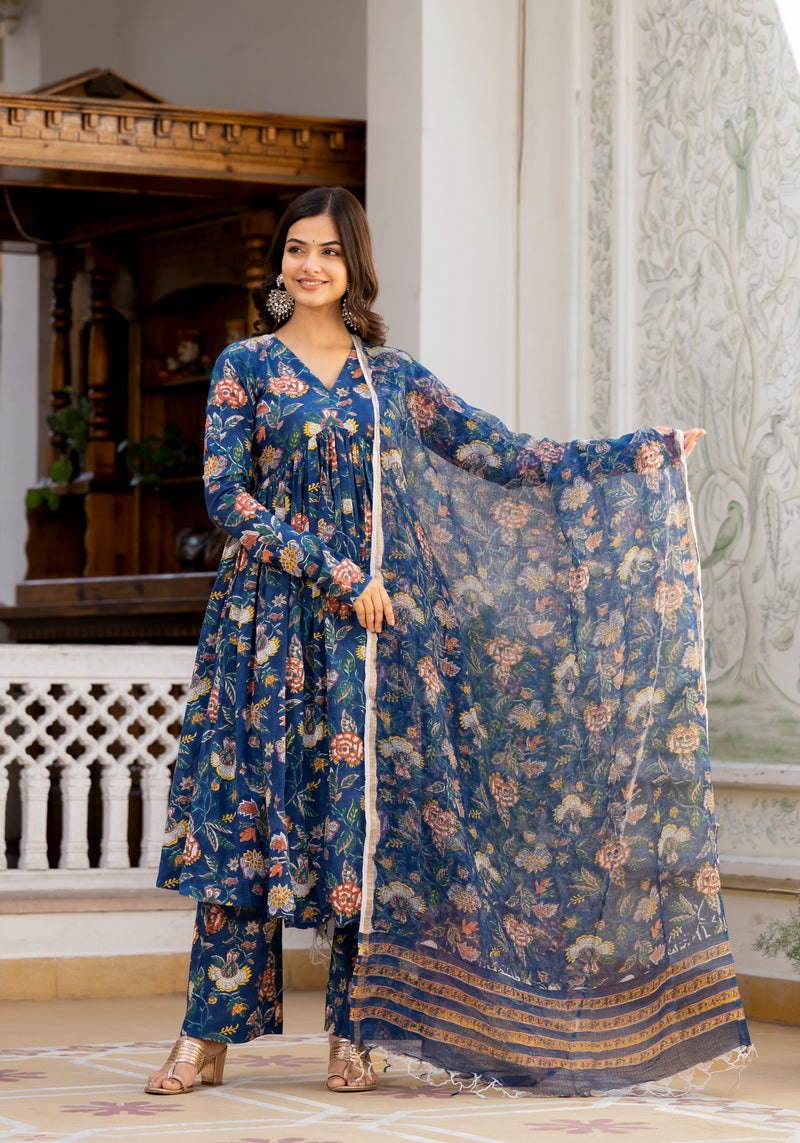 Izza Blue Floral Handblock Print Suit Set