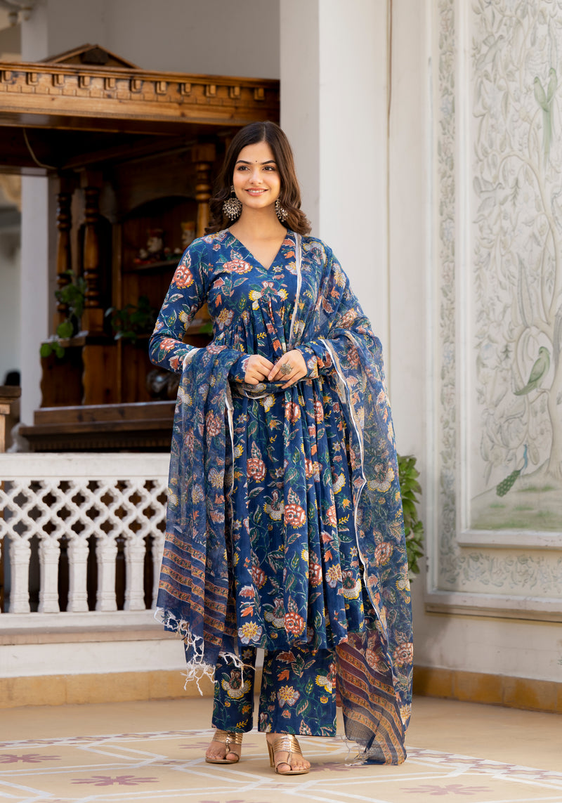 Izza Blue Floral Handblock Print Suit Set