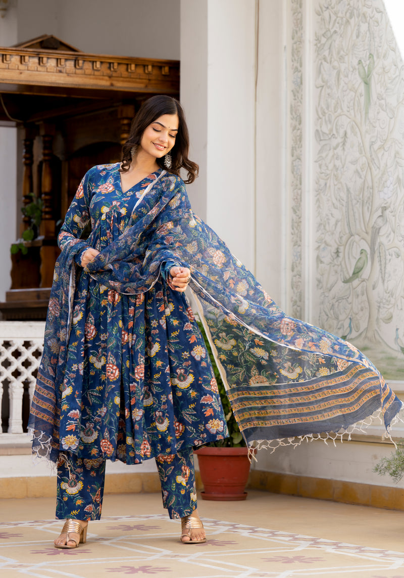 Izza Blue Floral Handblock Print Suit Set