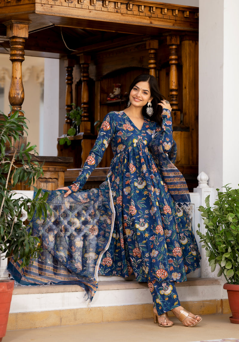 Izza Blue Floral Handblock Print Suit Set