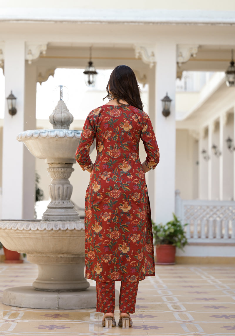 Shrija Maroon Floral Print Embroidered Suit Set