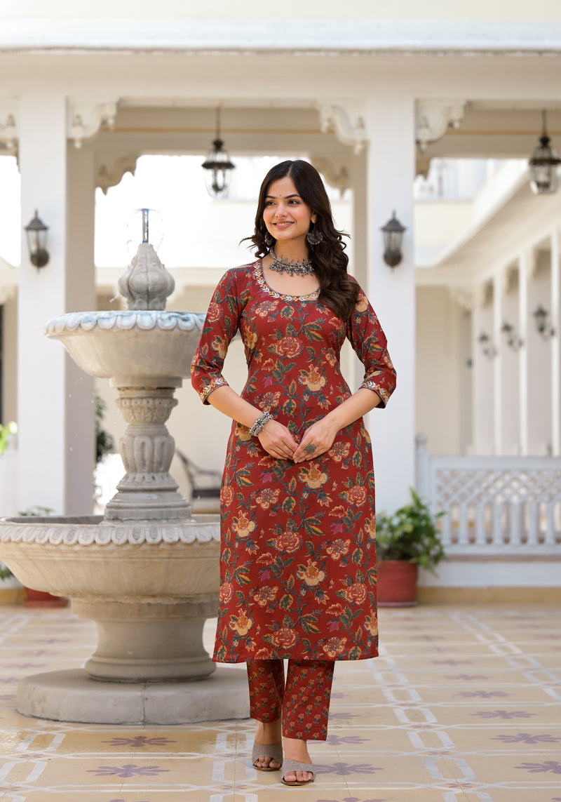 Shrija Maroon Floral Print Embroidered Suit Set