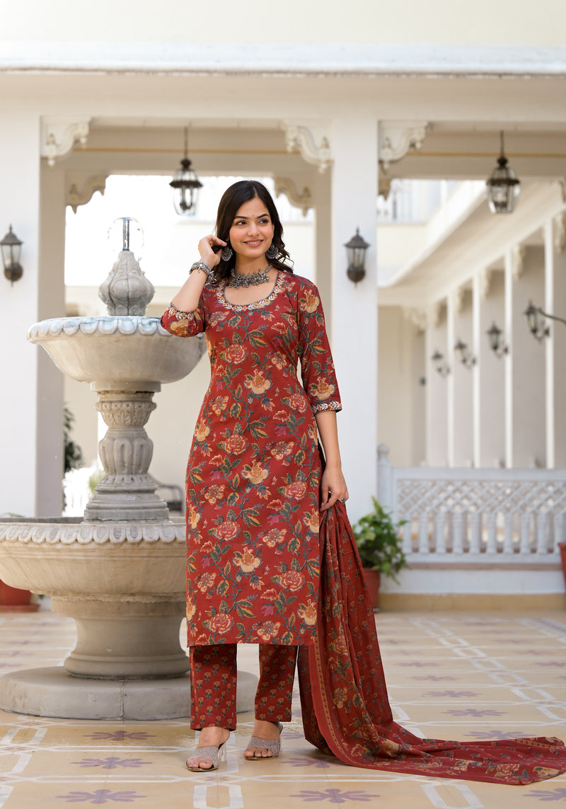 Shrija Maroon Floral Print Embroidered Suit Set