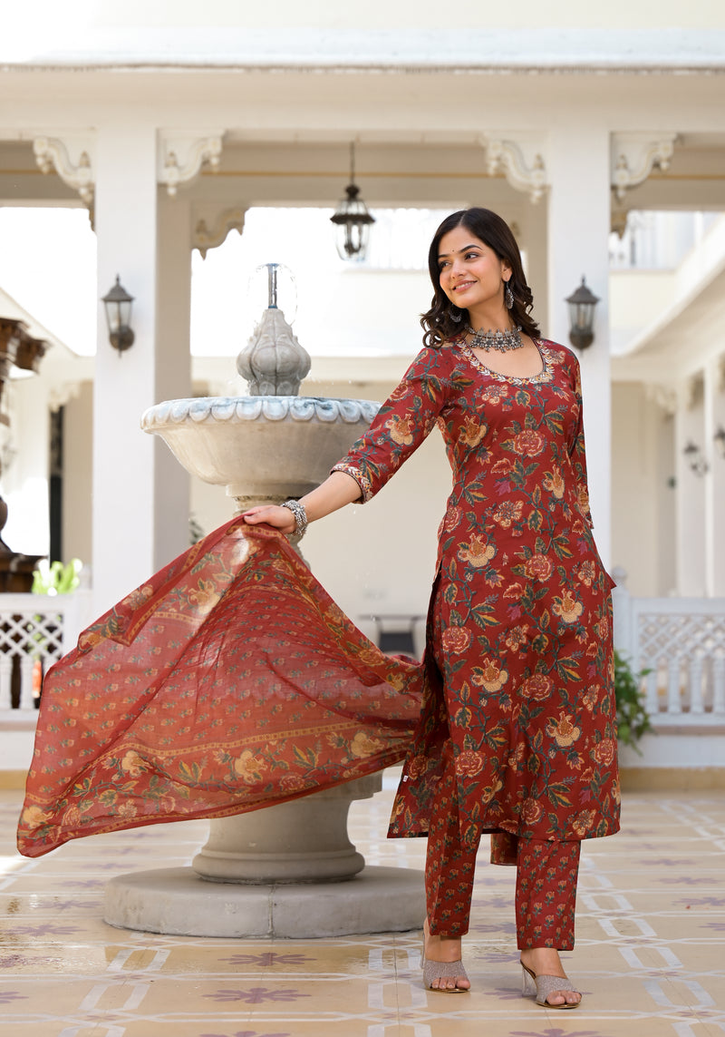 Shrija Maroon Floral Print Embroidered Suit Set