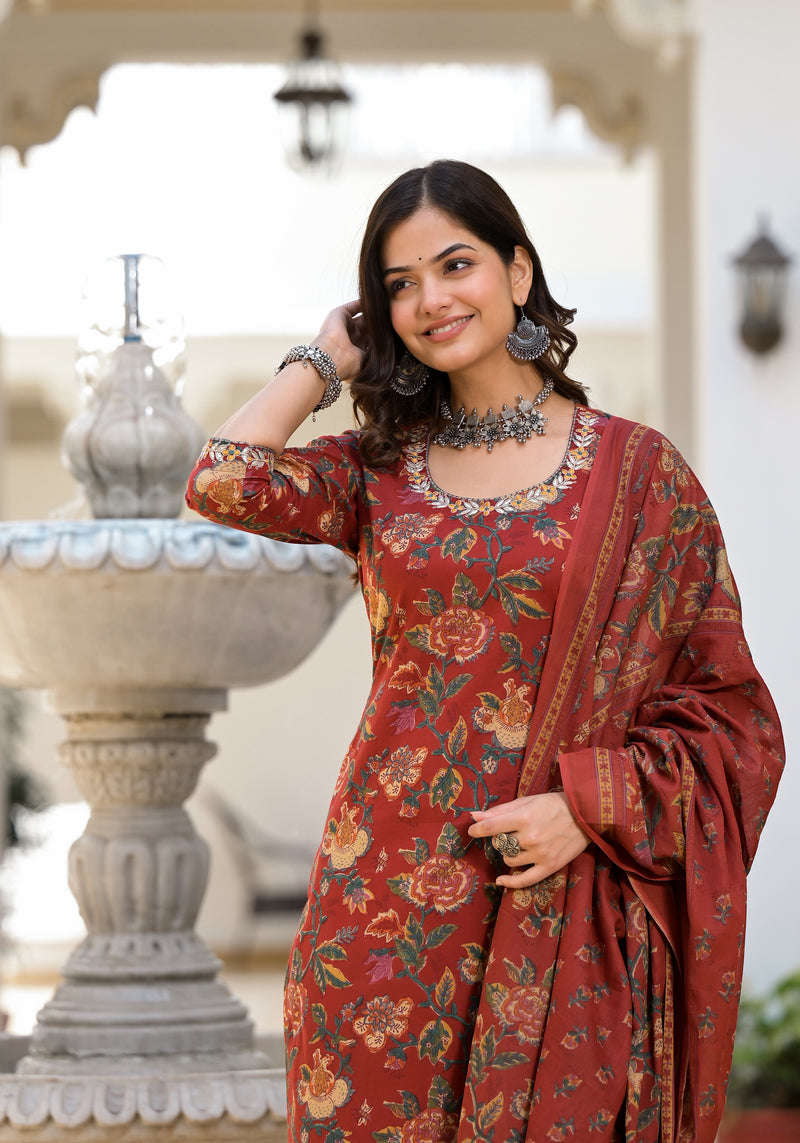 Shrija Maroon Floral Print Embroidered Suit Set