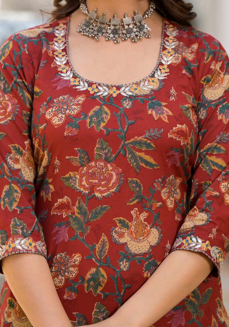 Shrija Maroon Floral Print Embroidered Suit Set