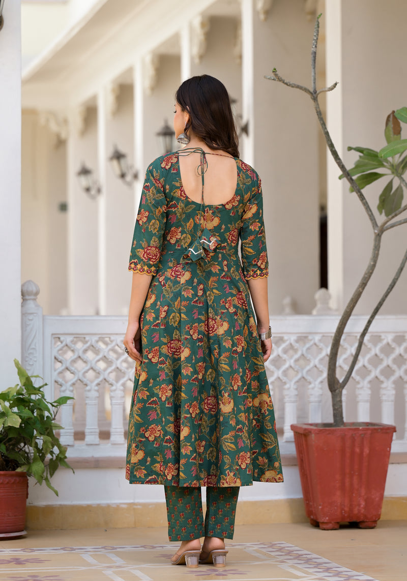 Tarin Green Floral Print Embroidered Suit Set