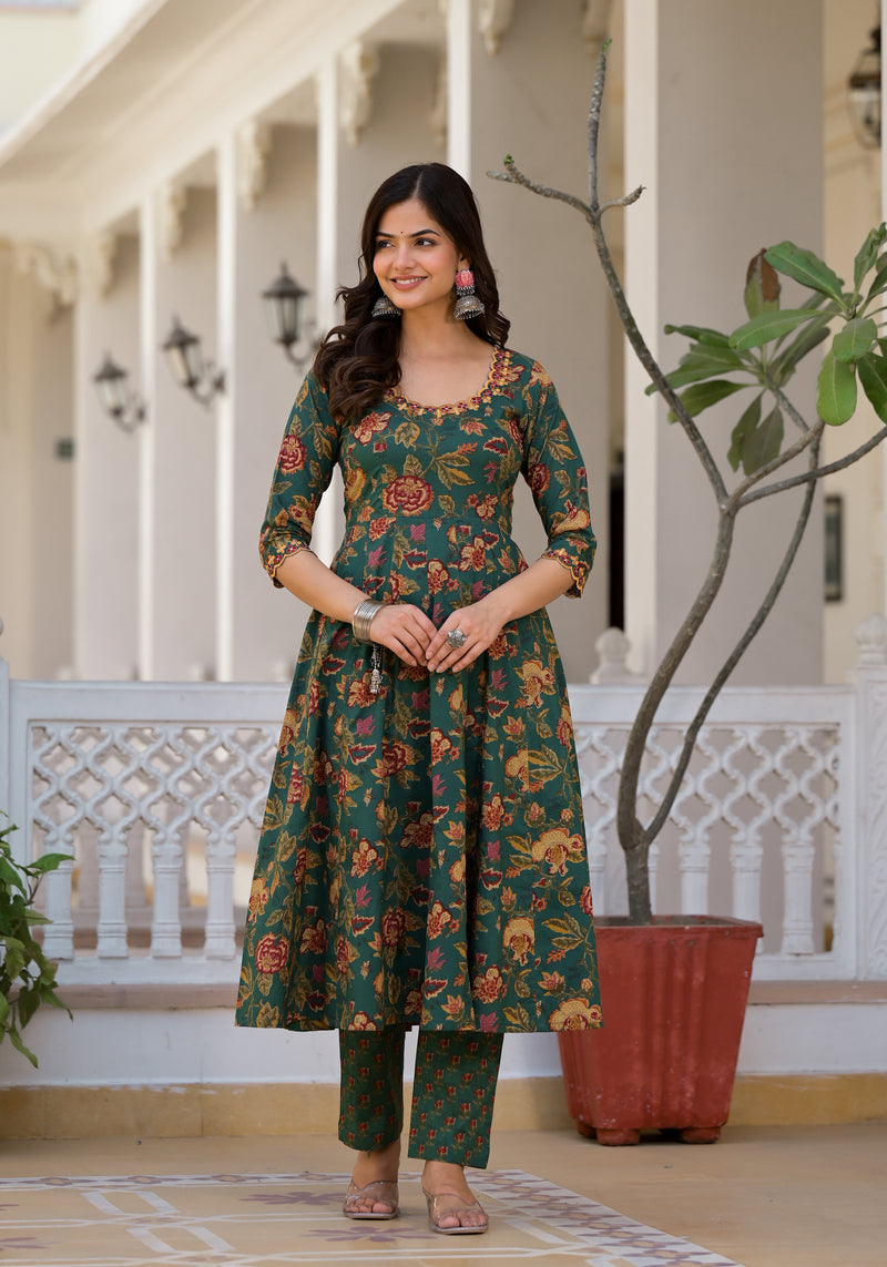 Tarin Green Floral Print Embroidered Suit Set