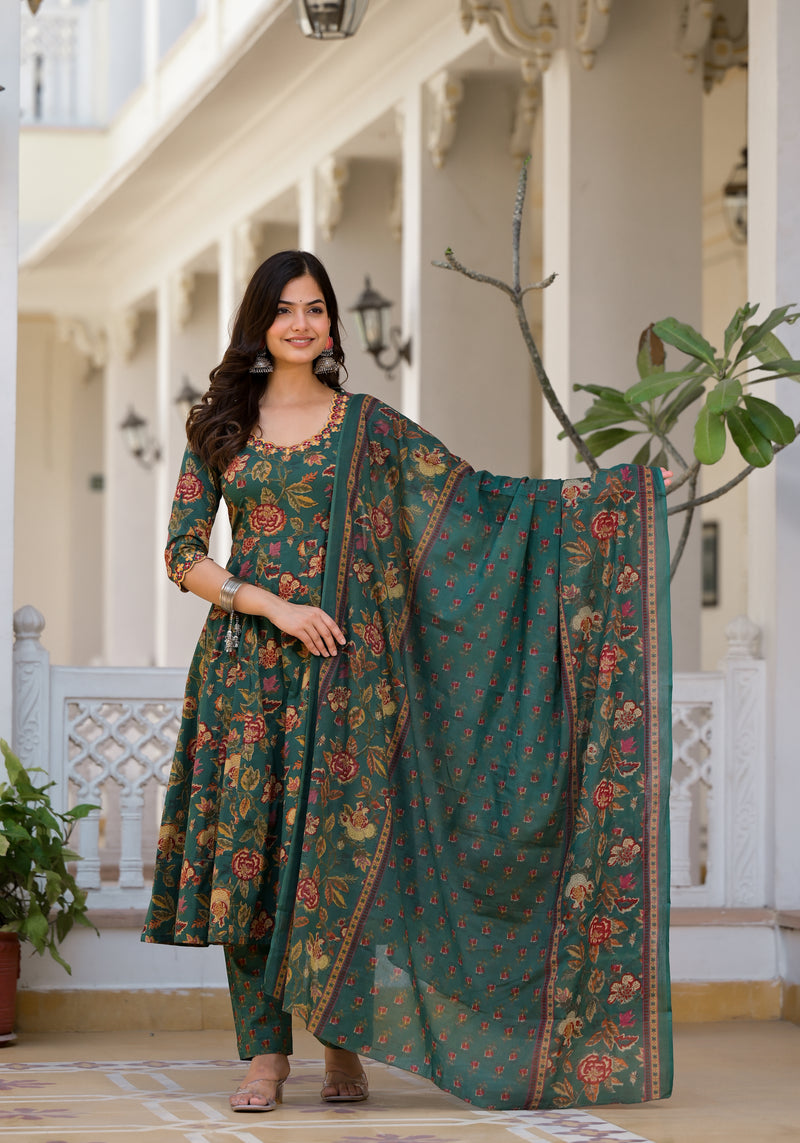 Tarin Green Floral Print Embroidered Suit Set