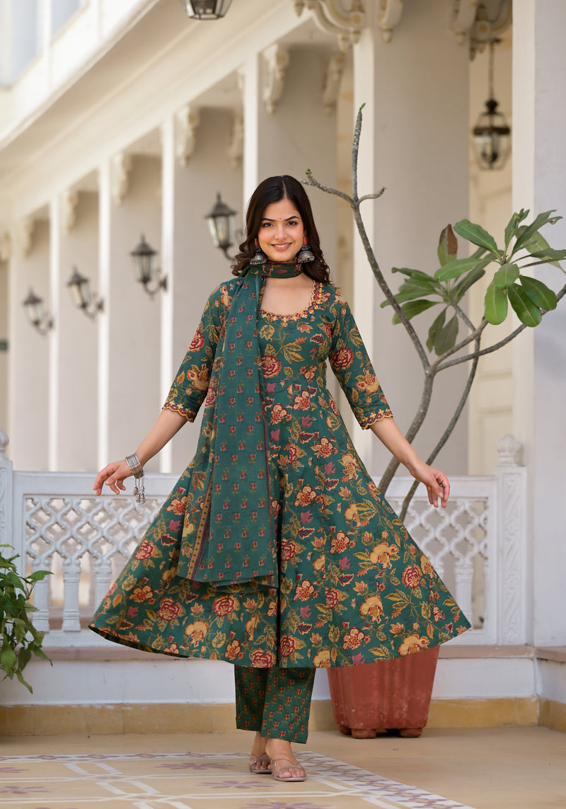 Tarin Green Floral Print Embroidered Suit Set