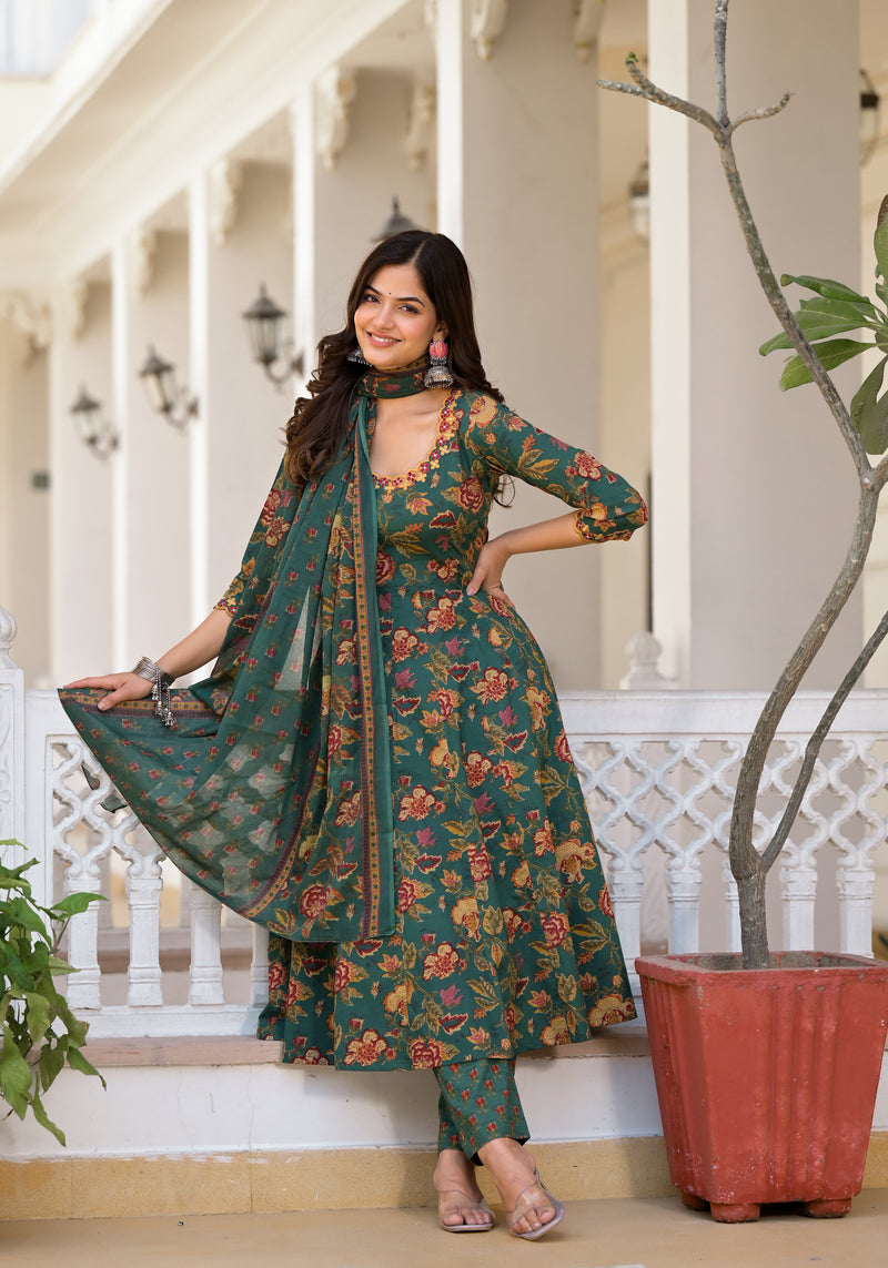 Tarin Green Floral Print Embroidered Suit Set