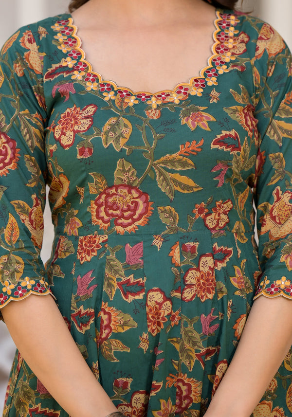 Tarin Green Floral Print Embroidered Kurta Only