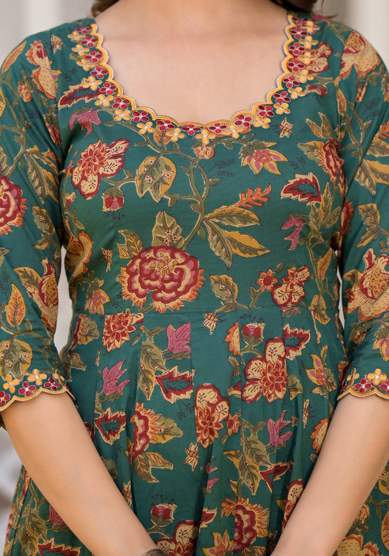Tarin Green Floral Print Embroidered Suit Set