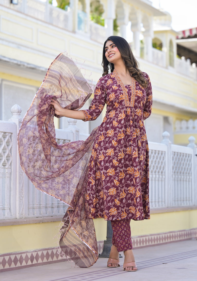 Ryza Megenta Floral Flarey Suit Set
