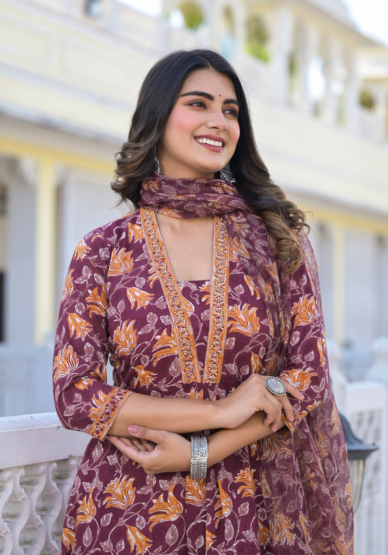 Ryza Megenta Floral Flarey Suit Set