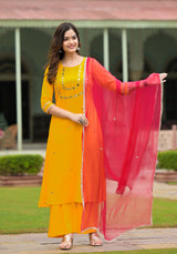 Yellow Cotton A-Line Handwork Suit  Set